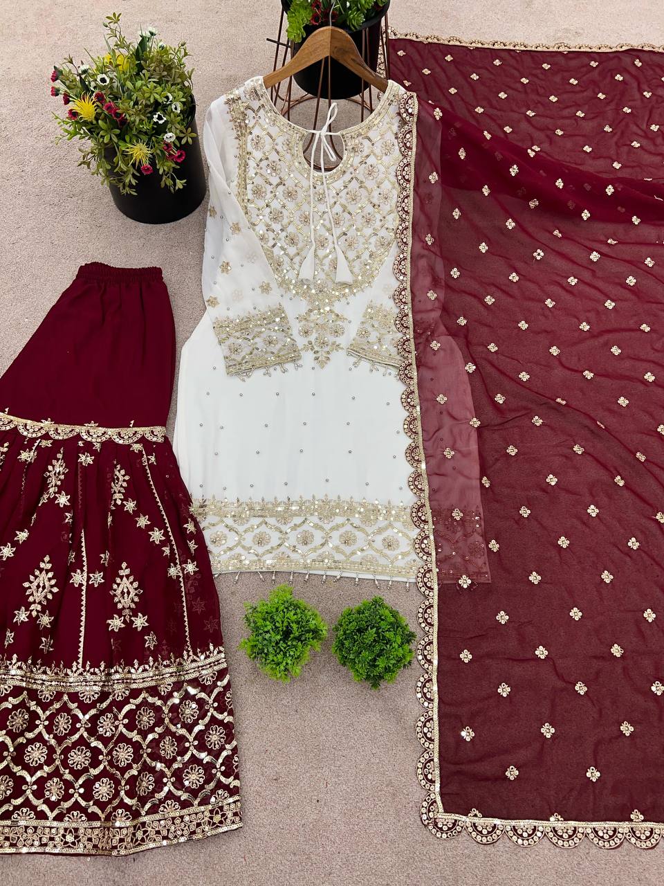 Party Wear Maroon Color Heavy Faux Georgette With Embroidery Sequence Work Sharara Suit