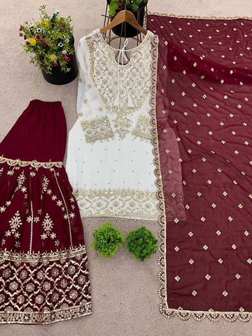 Party Wear Maroon Color Heavy Faux Georgette With Embroidery Sequence Work Sharara Suit
