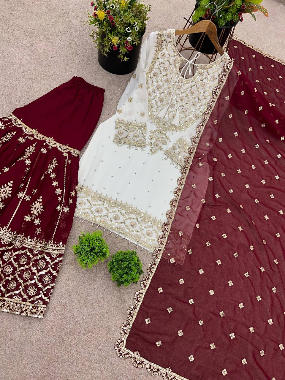 Party Wear Maroon Color Heavy Faux Georgette With Embroidery Sequence Work Sharara Suit