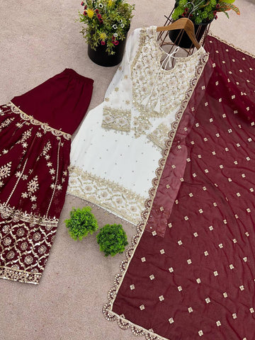 Party Wear Maroon Color Heavy Faux Georgette With Embroidery Sequence Work Sharara Suit