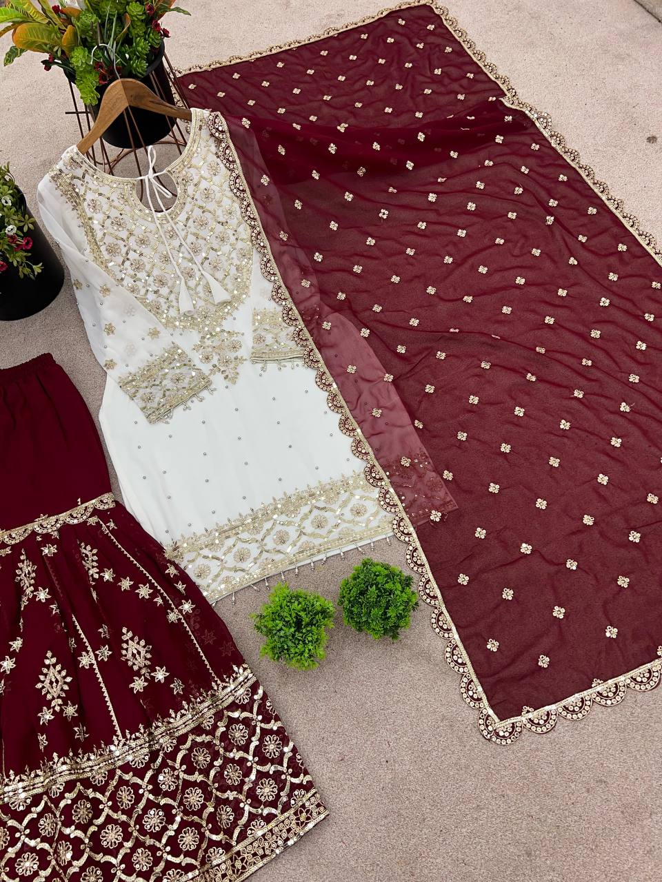Party Wear Maroon Color Heavy Faux Georgette With Embroidery Sequence Work Sharara Suit