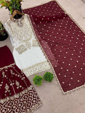 Party Wear Maroon Color Heavy Faux Georgette With Embroidery Sequence Work Sharara Suit