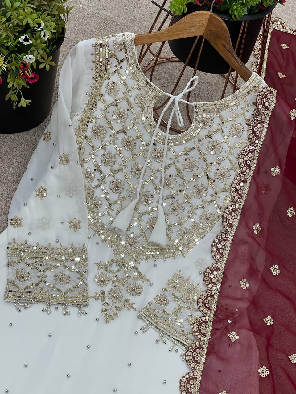 Party Wear Maroon Color Heavy Faux Georgette With Embroidery Sequence Work Sharara Suit