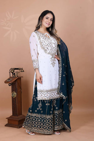Eyes Catching Teal Blue Color Heavy Faux Georgette With Embroidery Sequence Work Sharara Suit