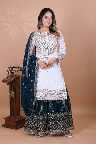 Eyes Catching Teal Blue Color Heavy Faux Georgette With Embroidery Sequence Work Sharara Suit