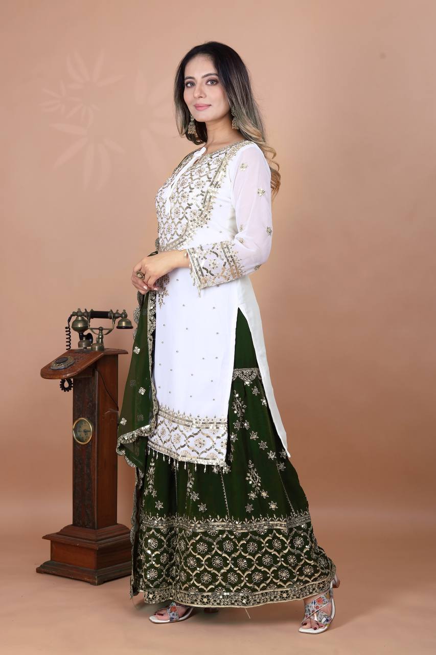 Eyes Catching Green Color Heavy Faux Georgette With Embroidery Sequence Work Sharara Suit