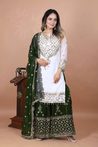 Eyes Catching Green Color Heavy Faux Georgette With Embroidery Sequence Work Sharara Suit