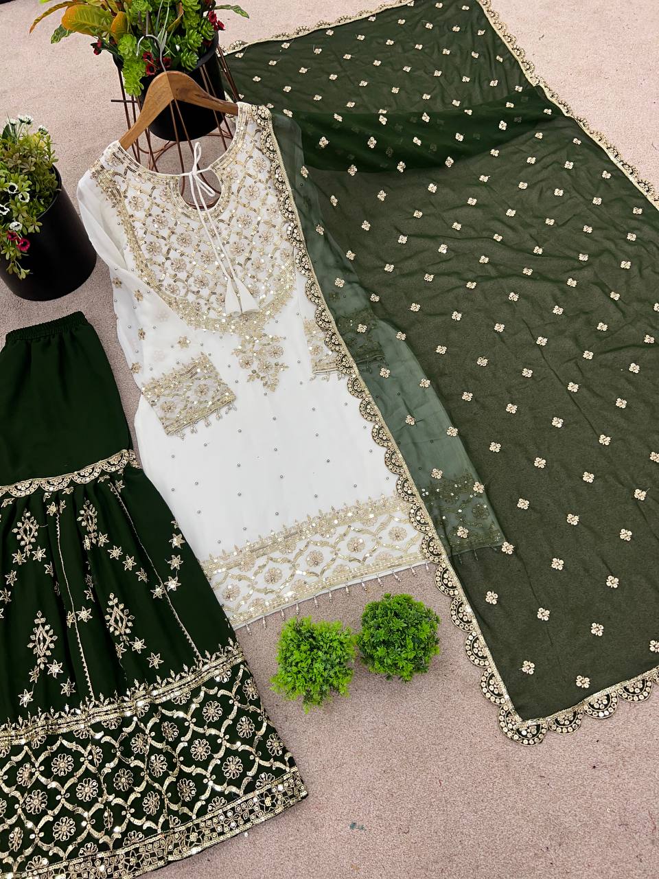 Eyes Catching Green Color Heavy Faux Georgette With Embroidery Sequence Work Sharara Suit