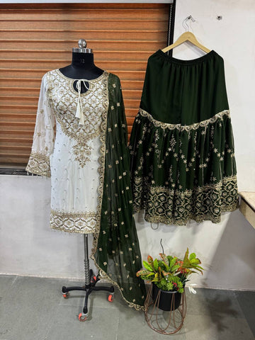 Eyes Catching Green Color Heavy Faux Georgette With Embroidery Sequence Work Sharara Suit