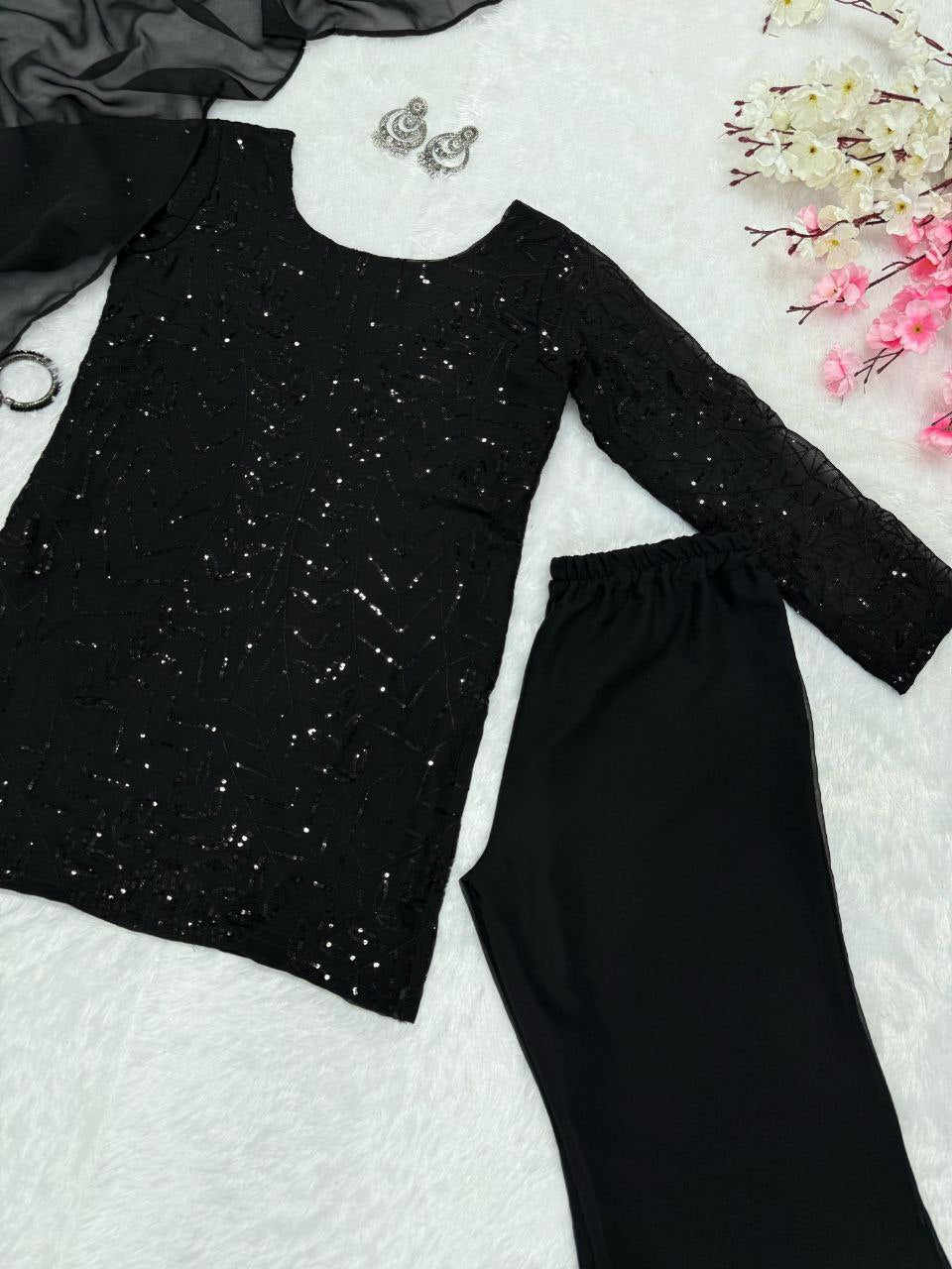 Party Wear Black Color Pure Georgette Embroidery Sequins Work Palazzo Suit