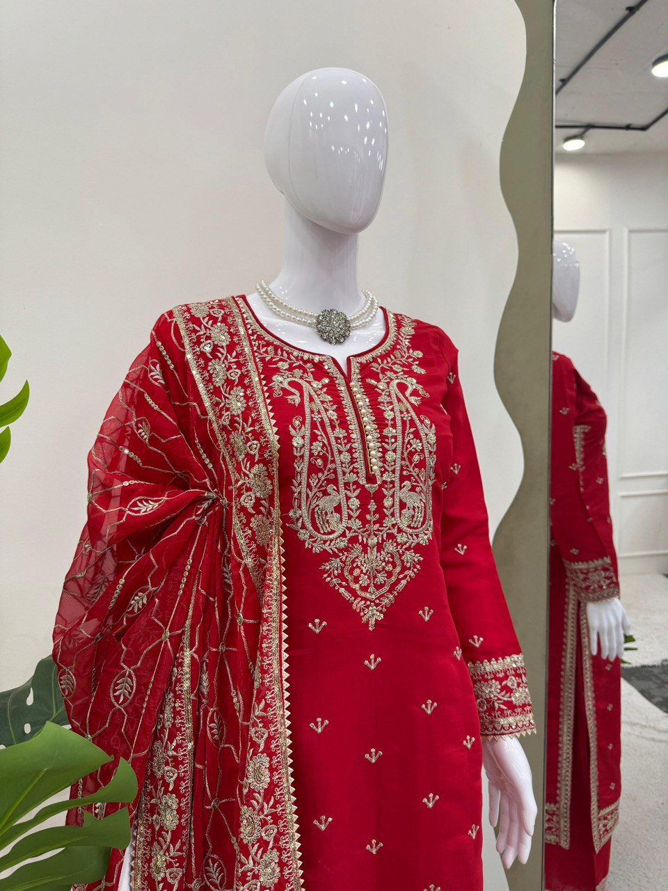 Alluring Red Color Roman Silk Thread With Sequence Work Palazzo Suit