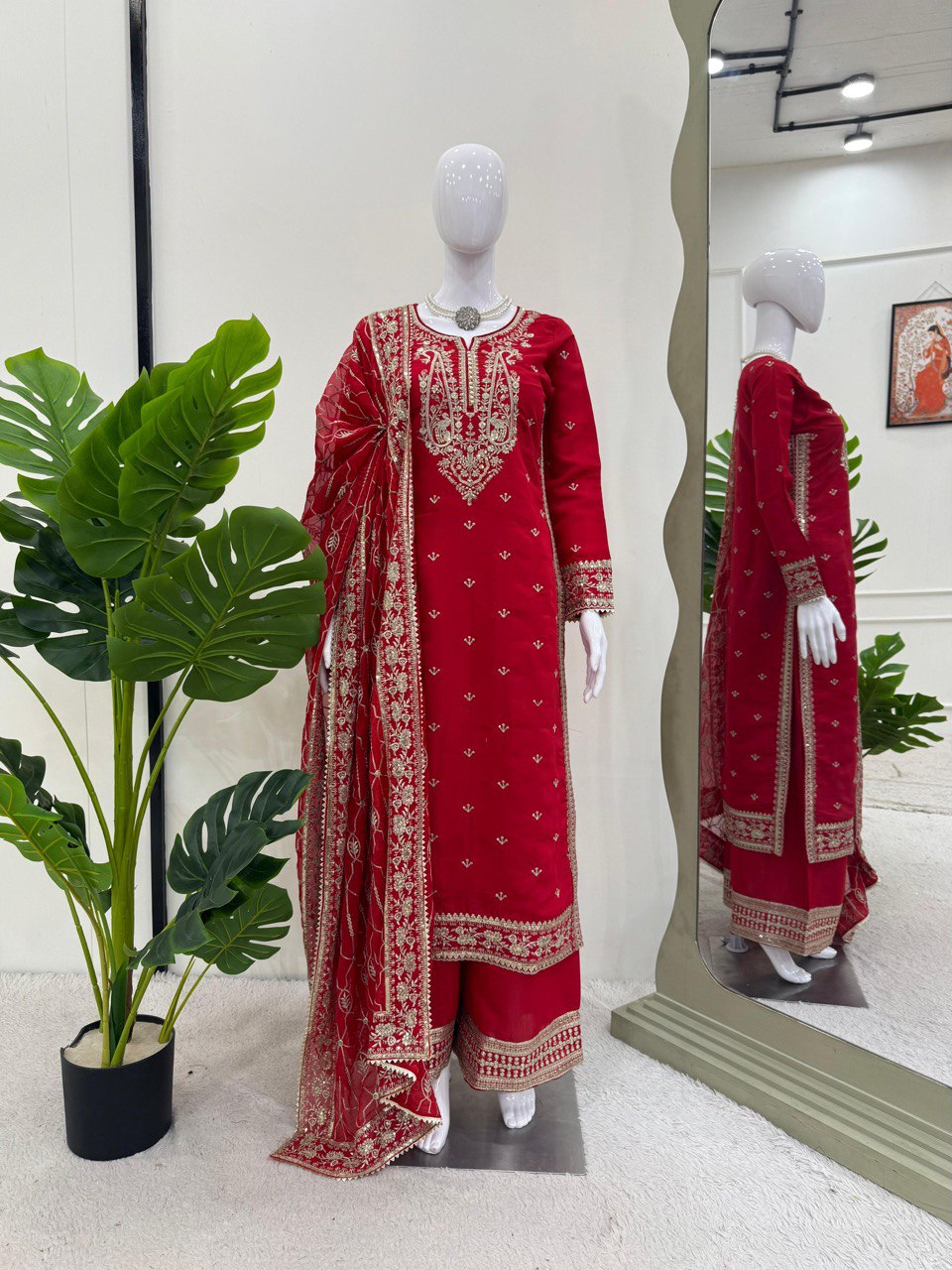 Alluring Red Color Roman Silk Thread With Sequence Work Palazzo Suit