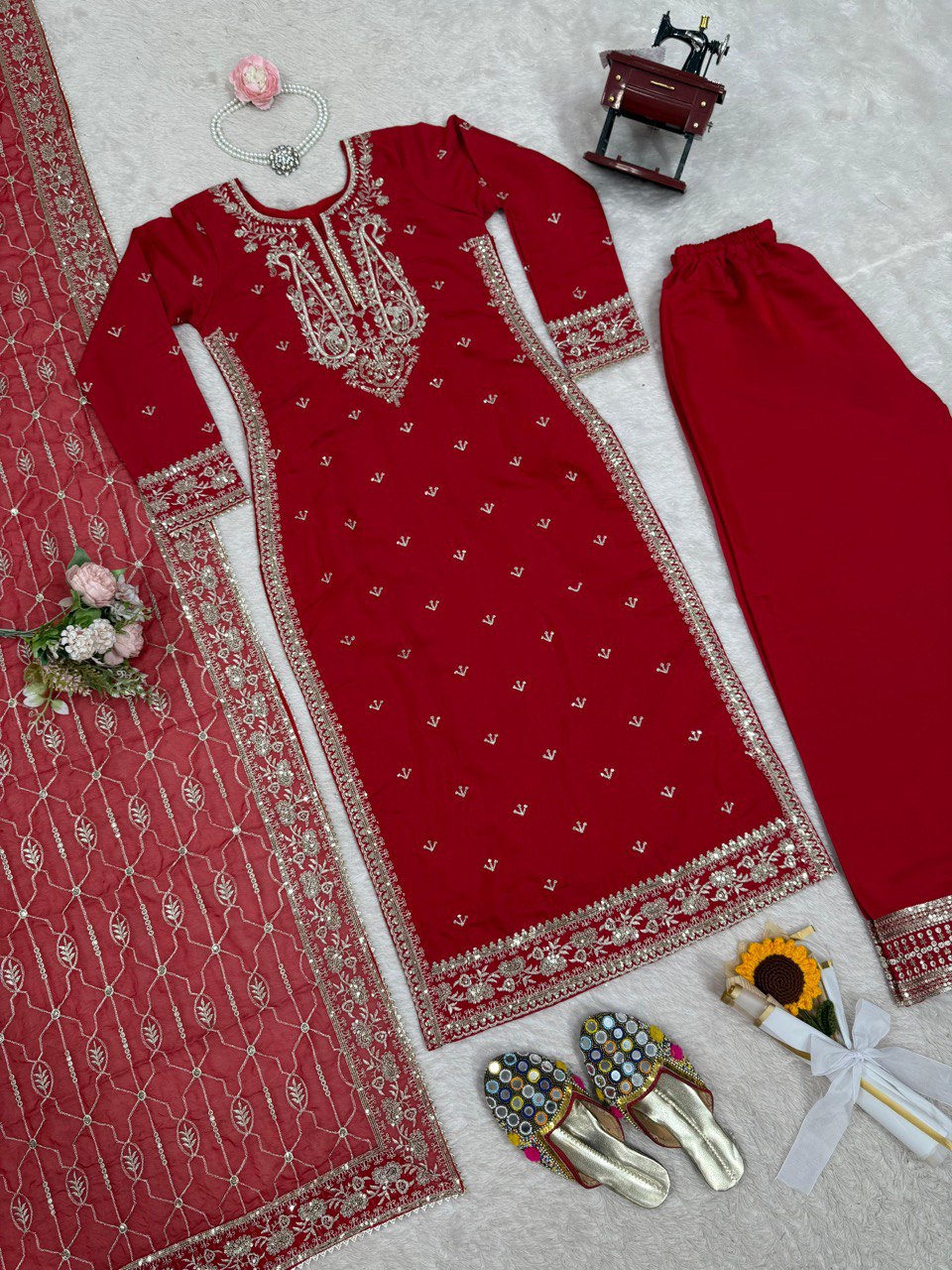 Alluring Red Color Roman Silk Thread With Sequence Work Palazzo Suit