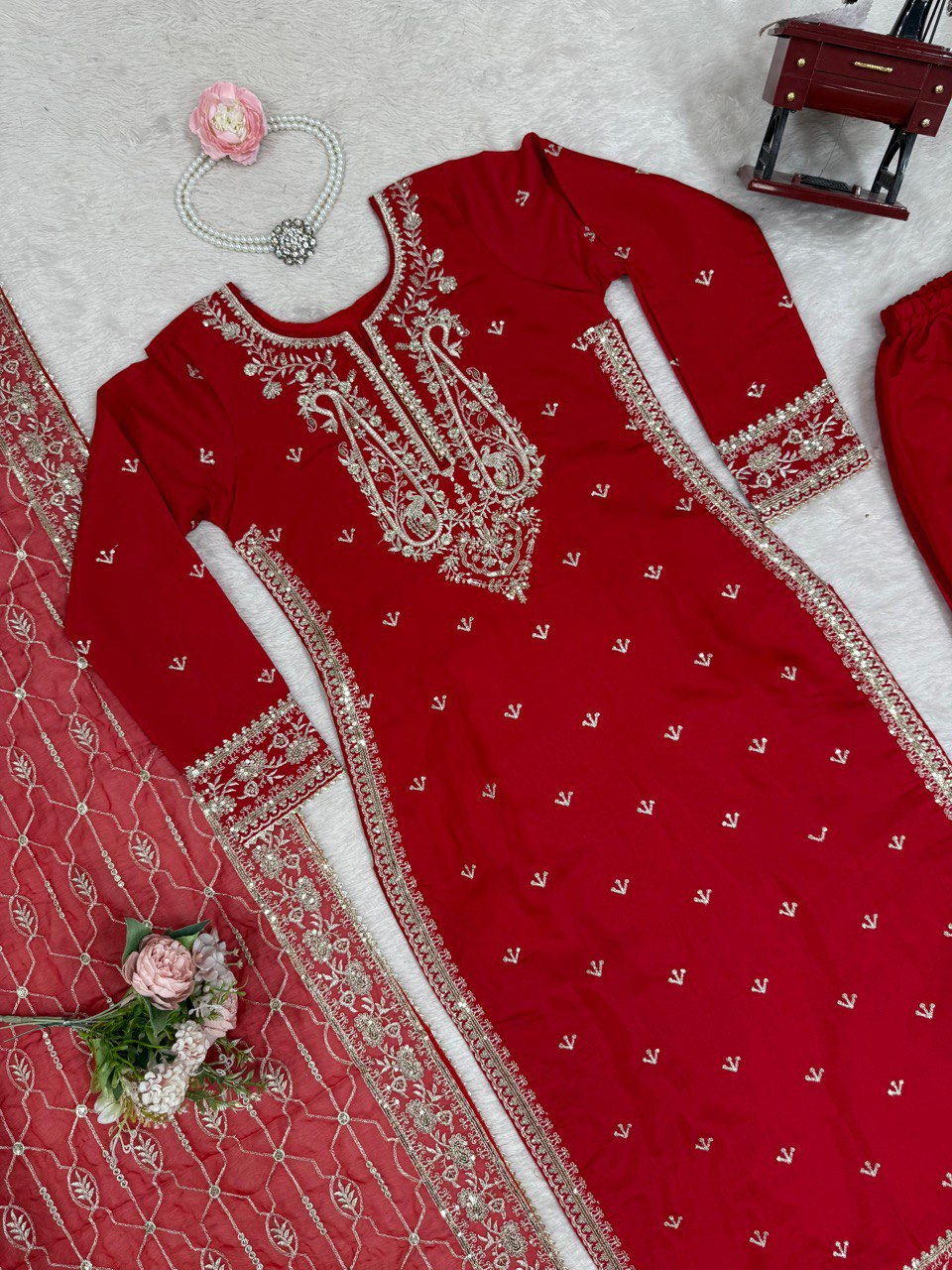 Alluring Red Color Roman Silk Thread With Sequence Work Palazzo Suit