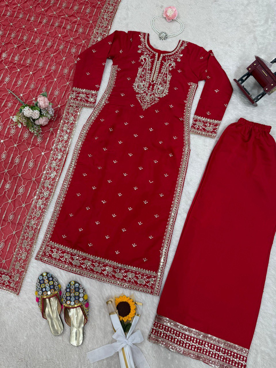 Alluring Red Color Roman Silk Thread With Sequence Work Palazzo Suit