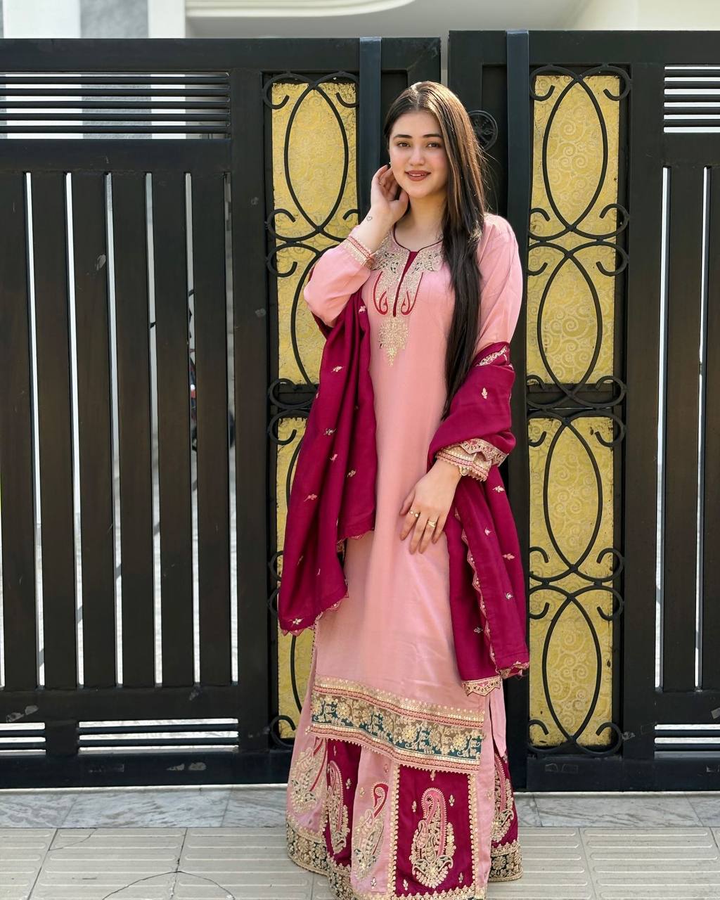 Celebrity Style Dusty Pink Color Pure Heavy Chinnon Silk With Heavy Embroidery Sequence Work Sharara Suit