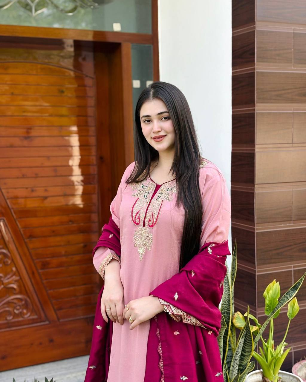 Celebrity Style Dusty Pink Color Pure Heavy Chinnon Silk With Heavy Embroidery Sequence Work Sharara Suit