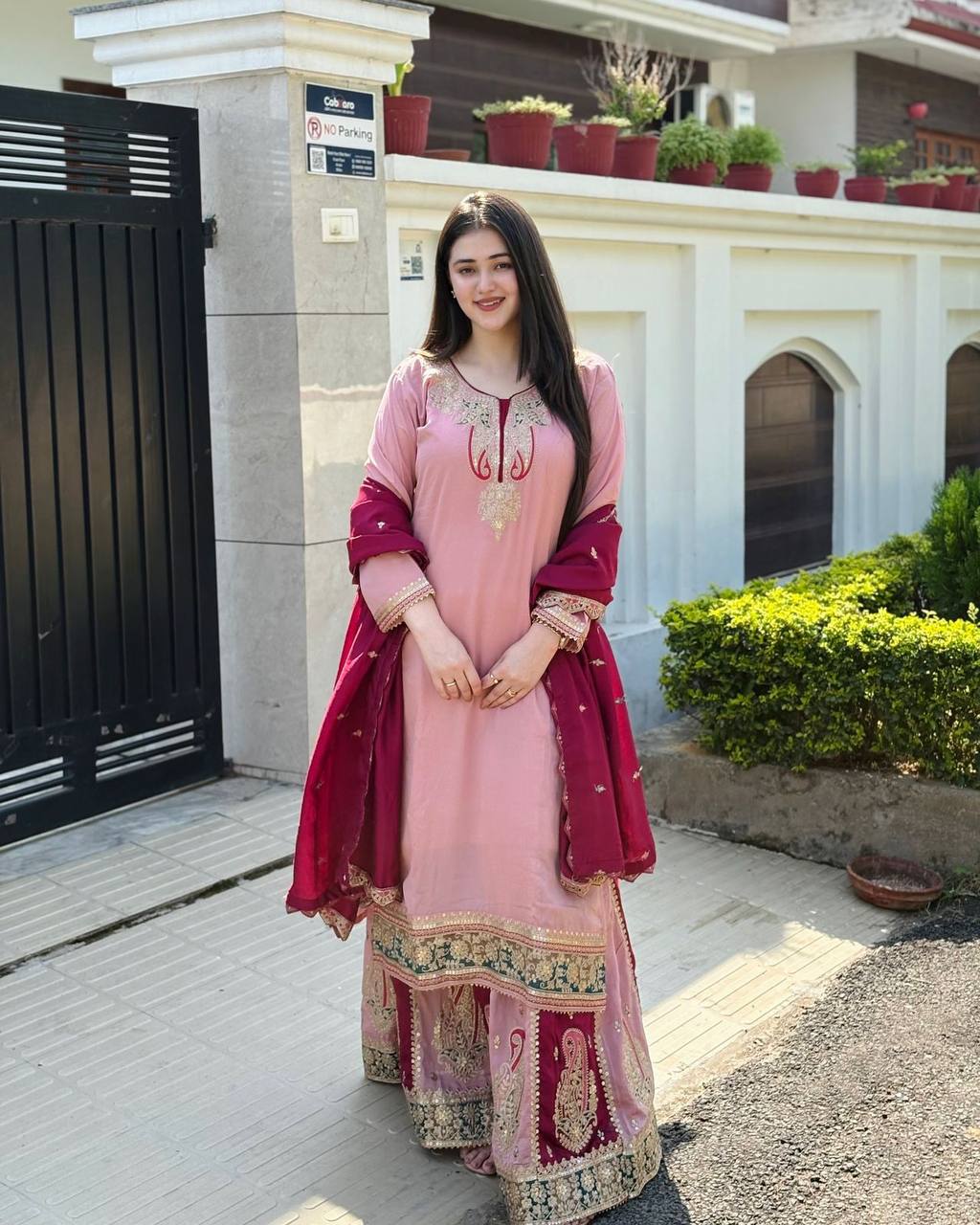Celebrity Style Dusty Pink Color Pure Heavy Chinnon Silk With Heavy Embroidery Sequence Work Sharara Suit