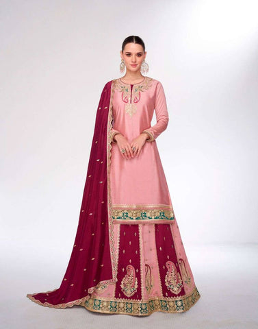 Celebrity Style Dusty Pink Color Pure Heavy Chinnon Silk With Heavy Embroidery Sequence Work Sharara Suit