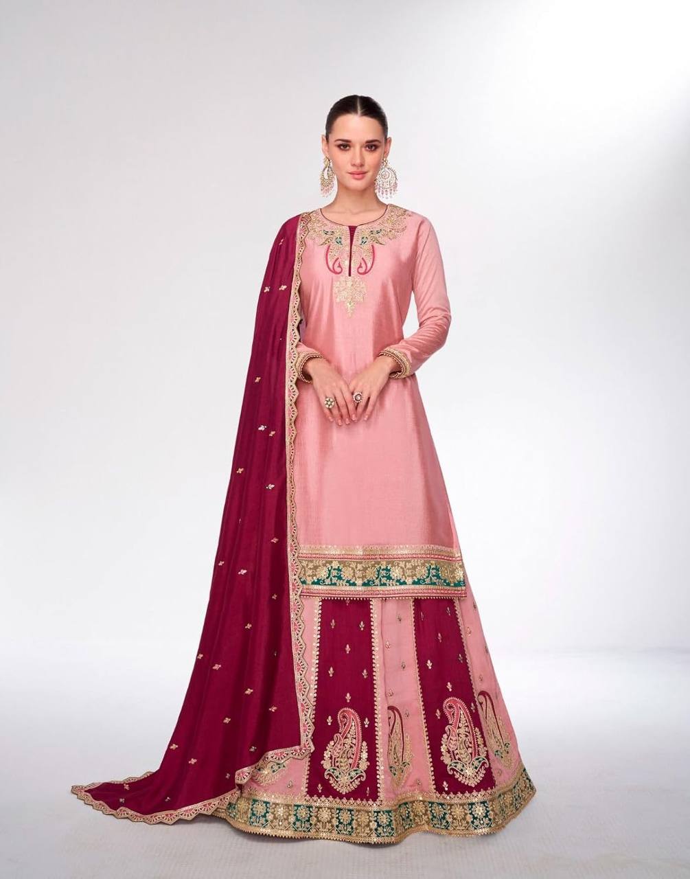 Celebrity Style Dusty Pink Color Pure Heavy Chinnon Silk With Heavy Embroidery Sequence Work Sharara Suit