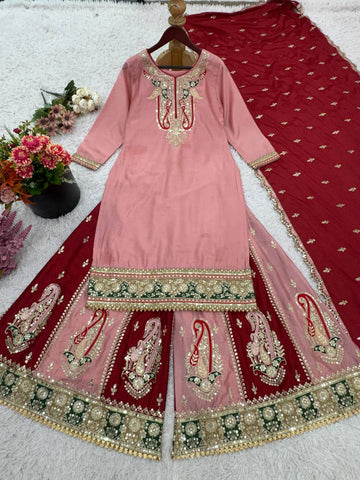 Celebrity Style Dusty Pink Color Pure Heavy Chinnon Silk With Heavy Embroidery Sequence Work Sharara Suit