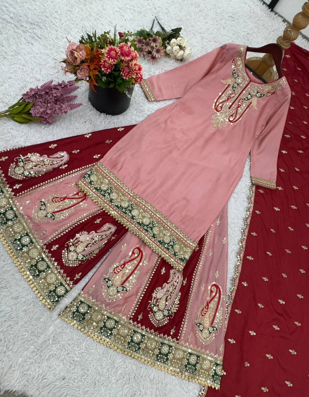 Celebrity Style Dusty Pink Color Pure Heavy Chinnon Silk With Heavy Embroidery Sequence Work Sharara Suit