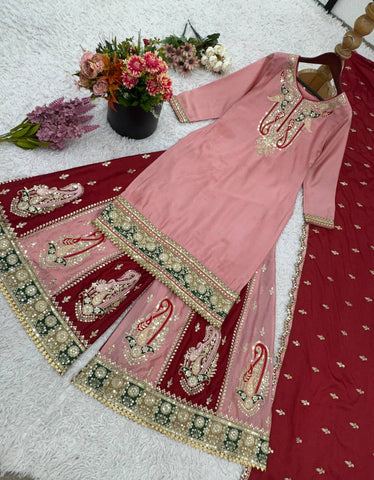 Celebrity Style Dusty Pink Color Pure Heavy Chinnon Silk With Heavy Embroidery Sequence Work Sharara Suit