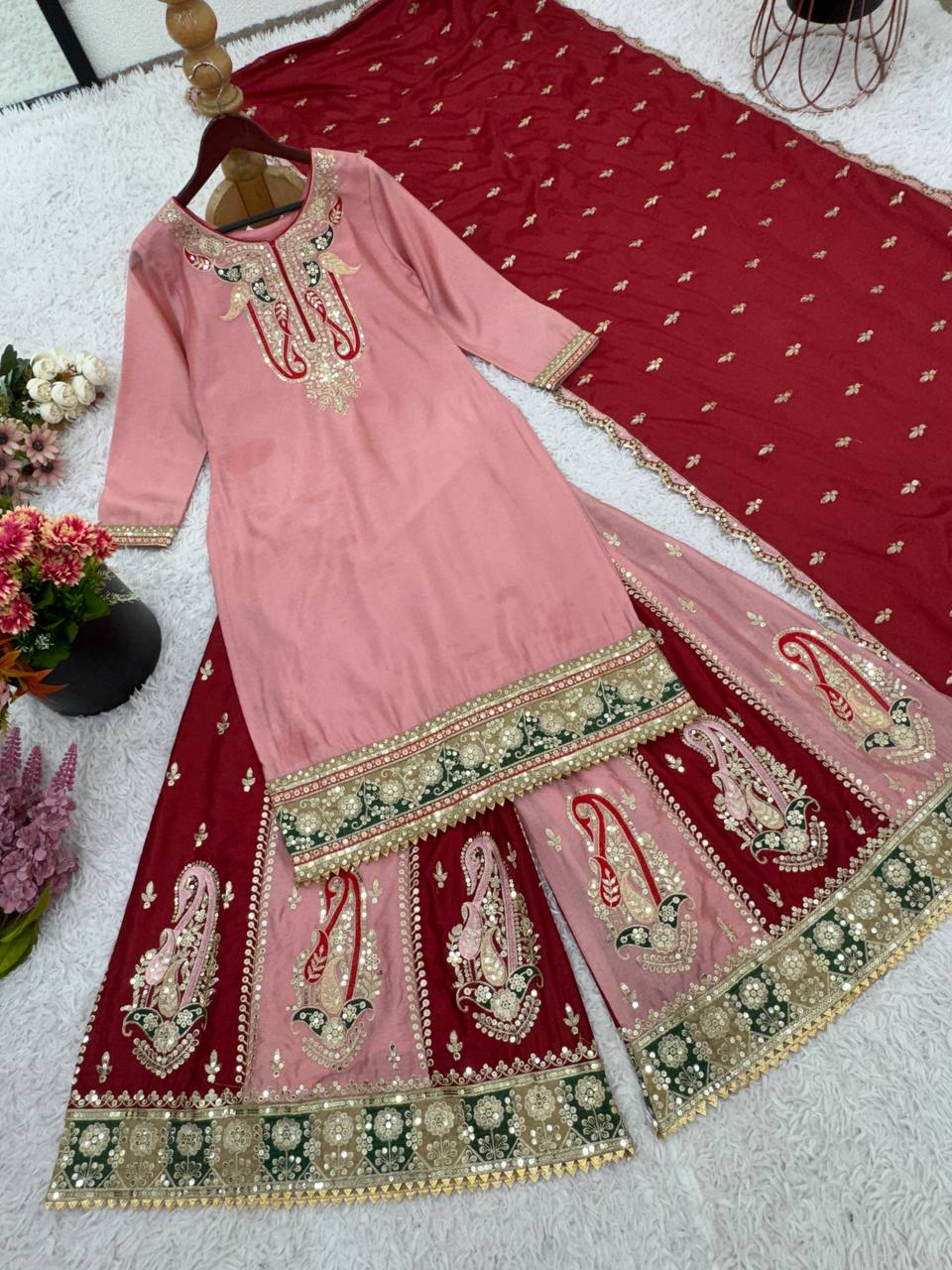 Celebrity Style Dusty Pink Color Pure Heavy Chinnon Silk With Heavy Embroidery Sequence Work Sharara Suit