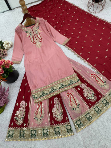 Celebrity Style Dusty Pink Color Pure Heavy Chinnon Silk With Heavy Embroidery Sequence Work Sharara Suit