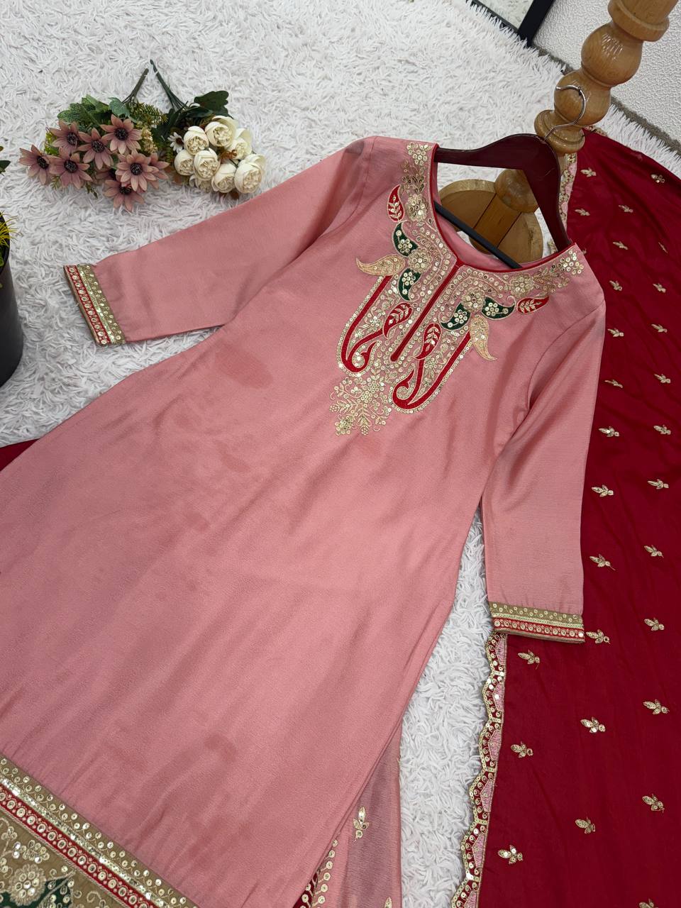 Celebrity Style Dusty Pink Color Pure Heavy Chinnon Silk With Heavy Embroidery Sequence Work Sharara Suit