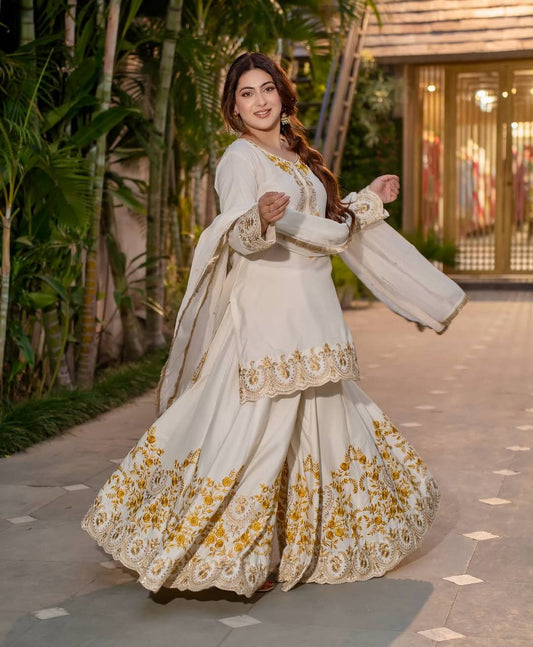 Celebrity Style White Color Pure Heavy Natural Crep Silk With Heavy Embroidery Work Sharara Suit