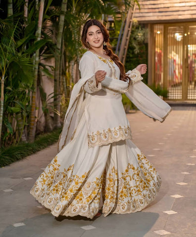 Celebrity Style White Color Pure Heavy Natural Crep Silk With Heavy Embroidery Work Sharara Suit