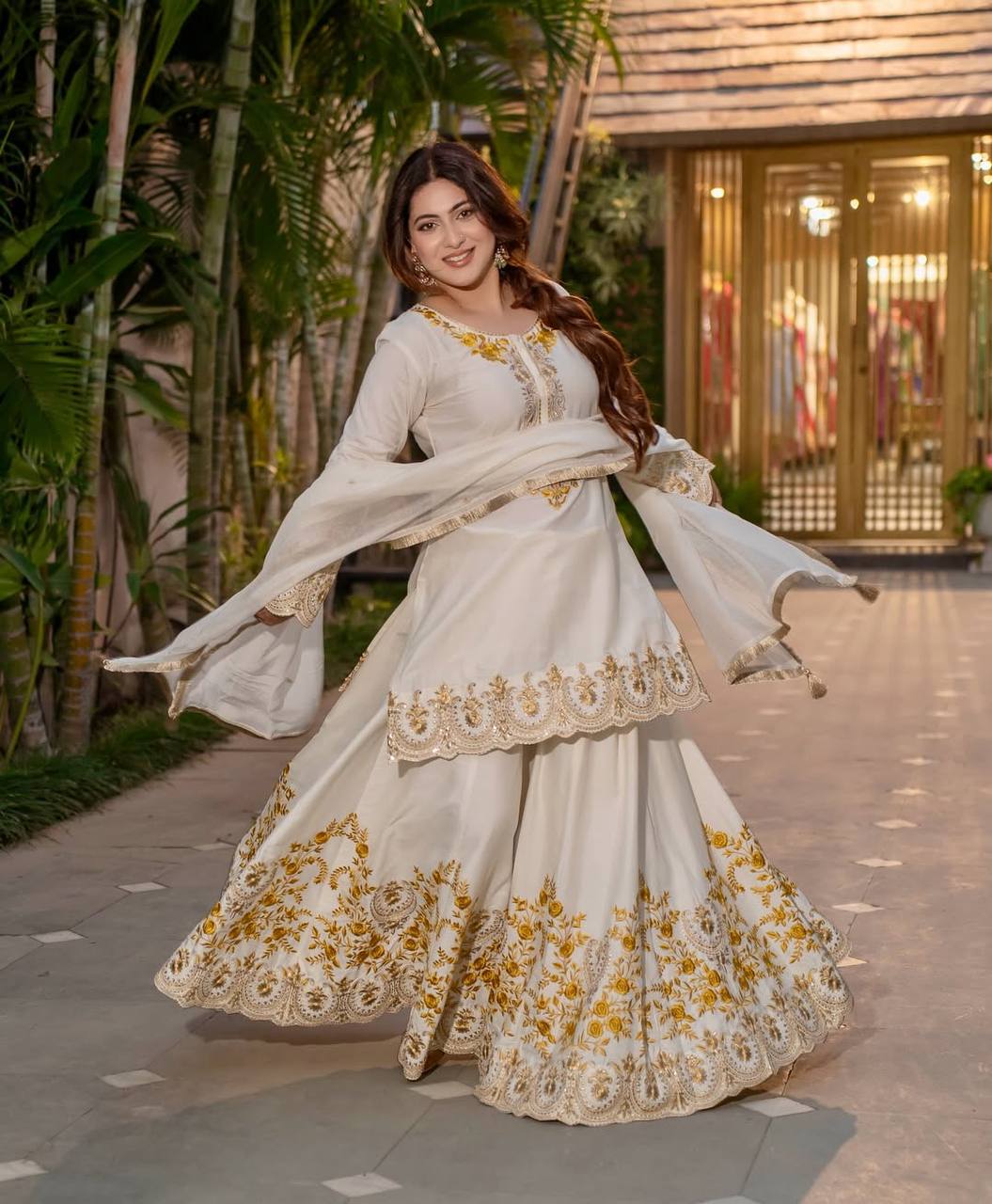 Celebrity Style White Color Pure Heavy Natural Crep Silk With Heavy Embroidery Work Sharara Suit