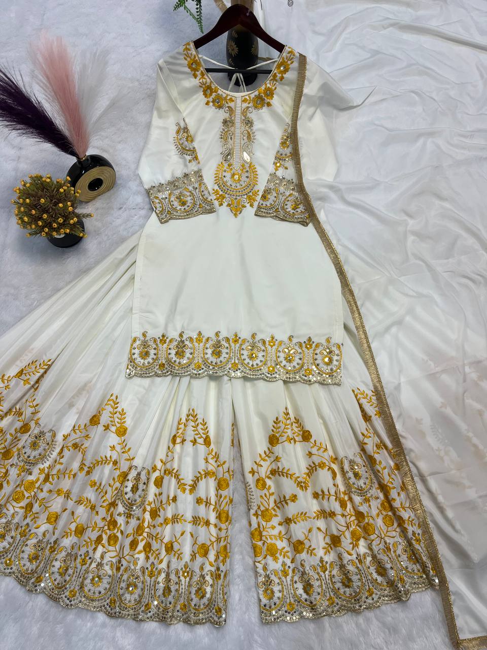 Celebrity Style White Color Pure Heavy Natural Crep Silk With Heavy Embroidery Work Sharara Suit