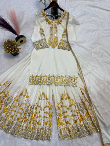 Celebrity Style White Color Pure Heavy Natural Crep Silk With Heavy Embroidery Work Sharara Suit