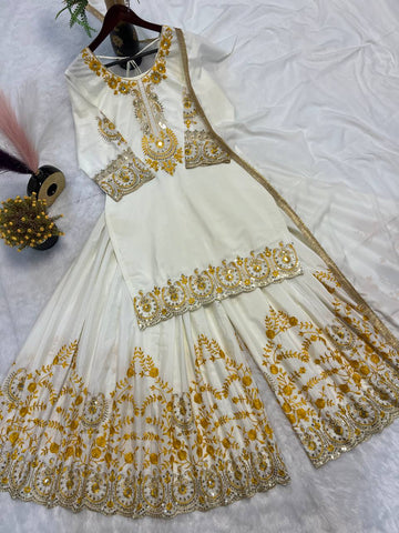 Celebrity Style White Color Pure Heavy Natural Crep Silk With Heavy Embroidery Work Sharara Suit