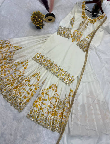 Celebrity Style White Color Pure Heavy Natural Crep Silk With Heavy Embroidery Work Sharara Suit