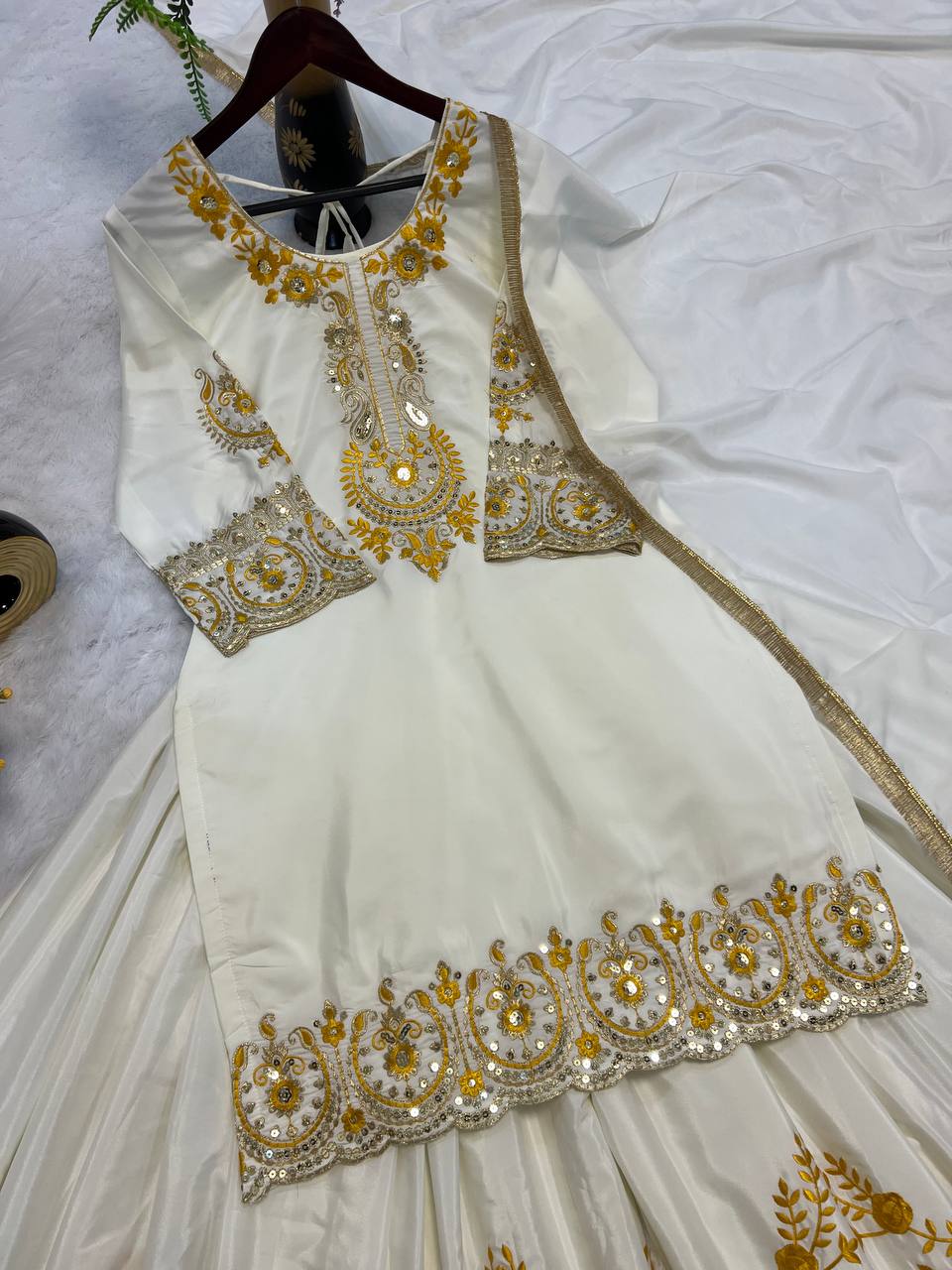 Celebrity Style White Color Pure Heavy Natural Crep Silk With Heavy Embroidery Work Sharara Suit