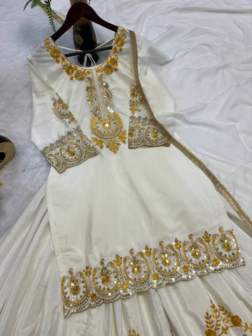 Celebrity Style White Color Pure Heavy Natural Crep Silk With Heavy Embroidery Work Sharara Suit
