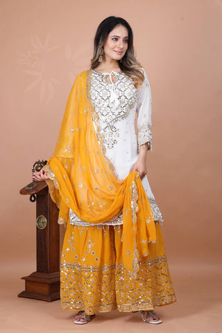 Eyes Catching Haldi Special Yellow Color Heavy Faux Georgette With Embroidery Sequence Work Sharara Suit