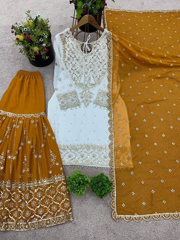 Eyes Catching Haldi Special Yellow Color Heavy Faux Georgette With Embroidery Sequence Work Sharara Suit
