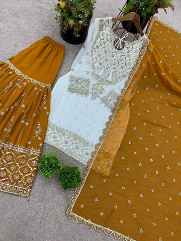 Eyes Catching Haldi Special Yellow Color Heavy Faux Georgette With Embroidery Sequence Work Sharara Suit