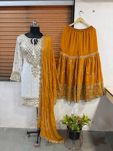 Eyes Catching Haldi Special Yellow Color Heavy Faux Georgette With Embroidery Sequence Work Sharara Suit