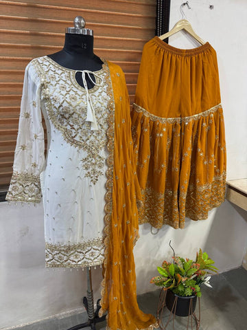 Eyes Catching Haldi Special Yellow Color Heavy Faux Georgette With Embroidery Sequence Work Sharara Suit
