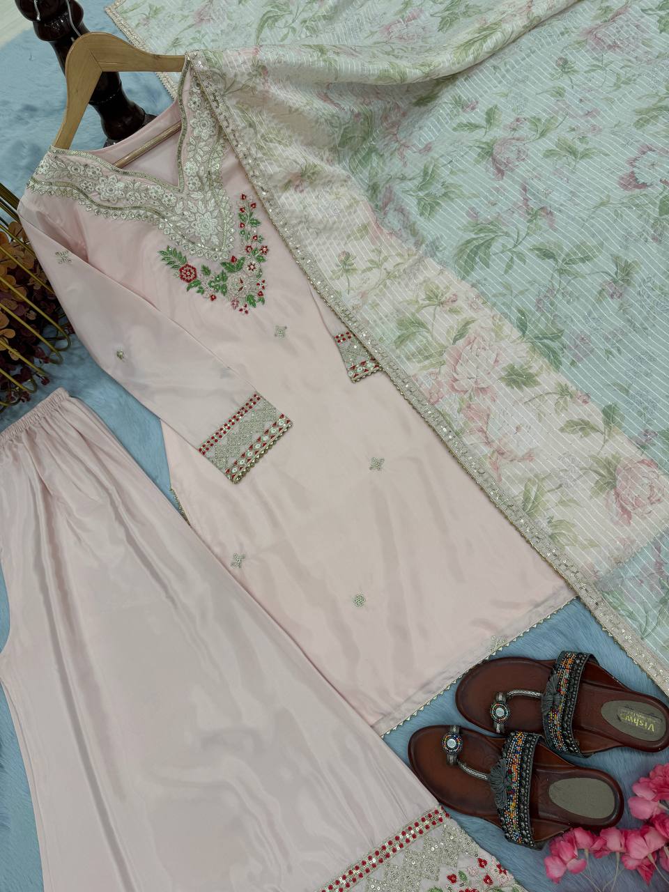 Ceremony Wear Baby Pink Color Pure Natural Crepe With Embroidery Work Palazzo Suit