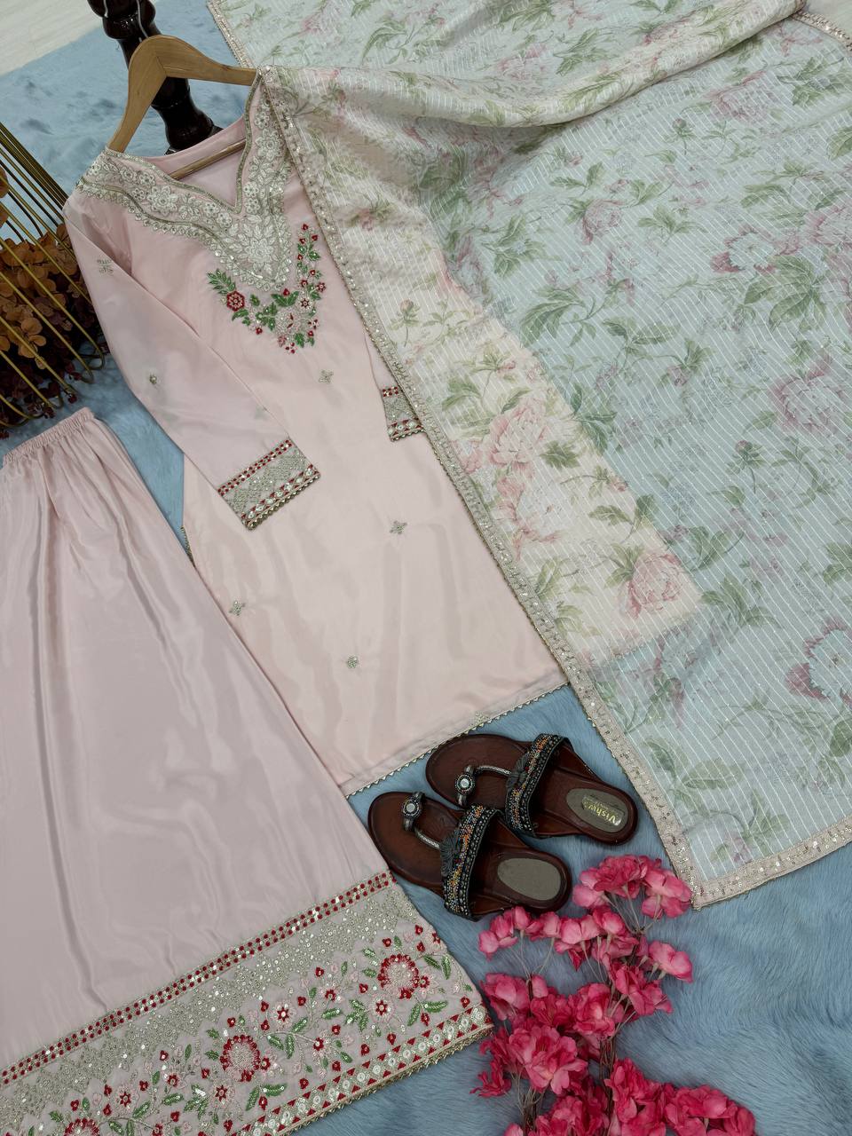 Ceremony Wear Baby Pink Color Pure Natural Crepe With Embroidery Work Palazzo Suit