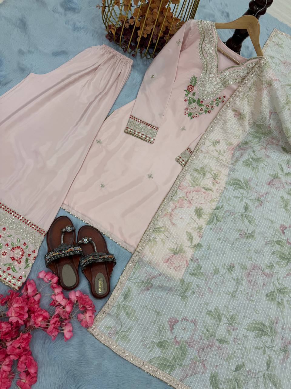 Ceremony Wear Baby Pink Color Pure Natural Crepe With Embroidery Work Palazzo Suit