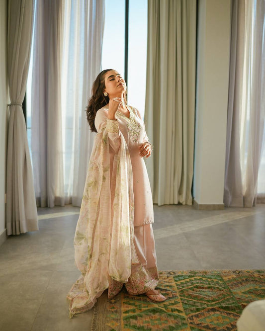 Ceremony Wear Baby Pink Color Pure Natural Crepe With Embroidery Work Palazzo Suit