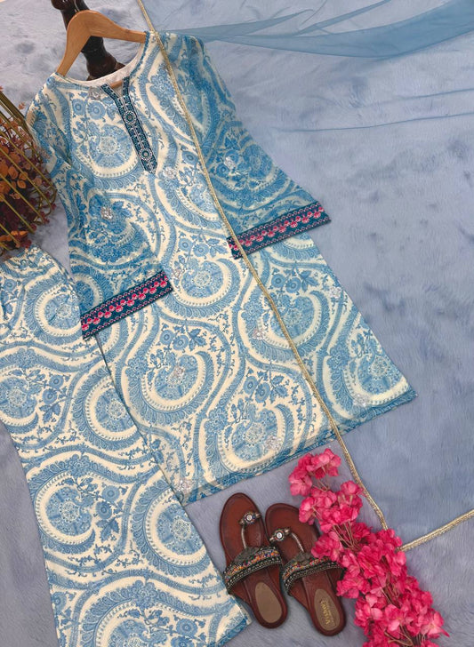 Wedding Wear Sky Blur Color Pure Chifon Georgette With Digital Print With Embroidery Work Palazzo Suit