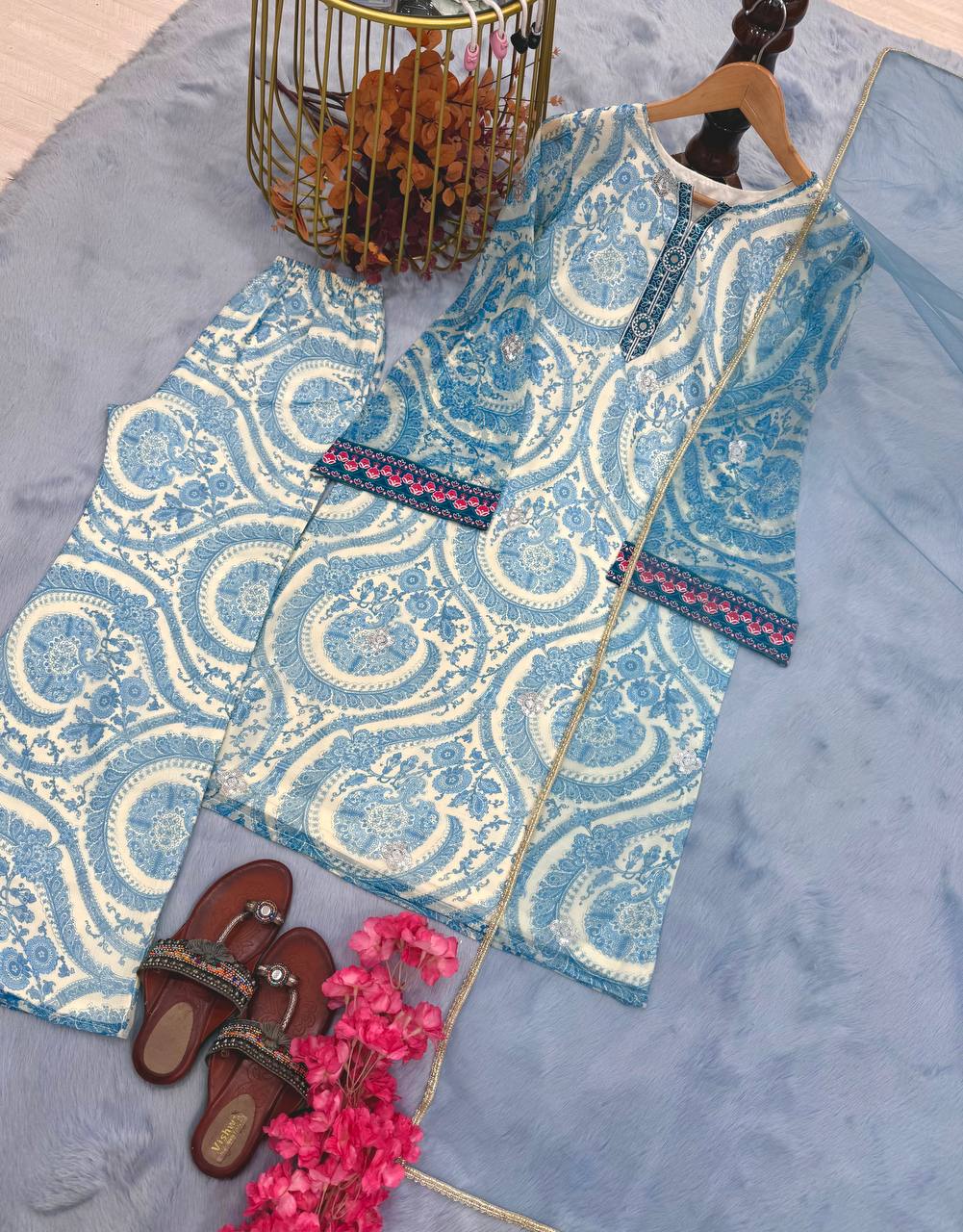 Wedding Wear Sky Blur Color Pure Chifon Georgette With Digital Print With Embroidery Work Palazzo Suit